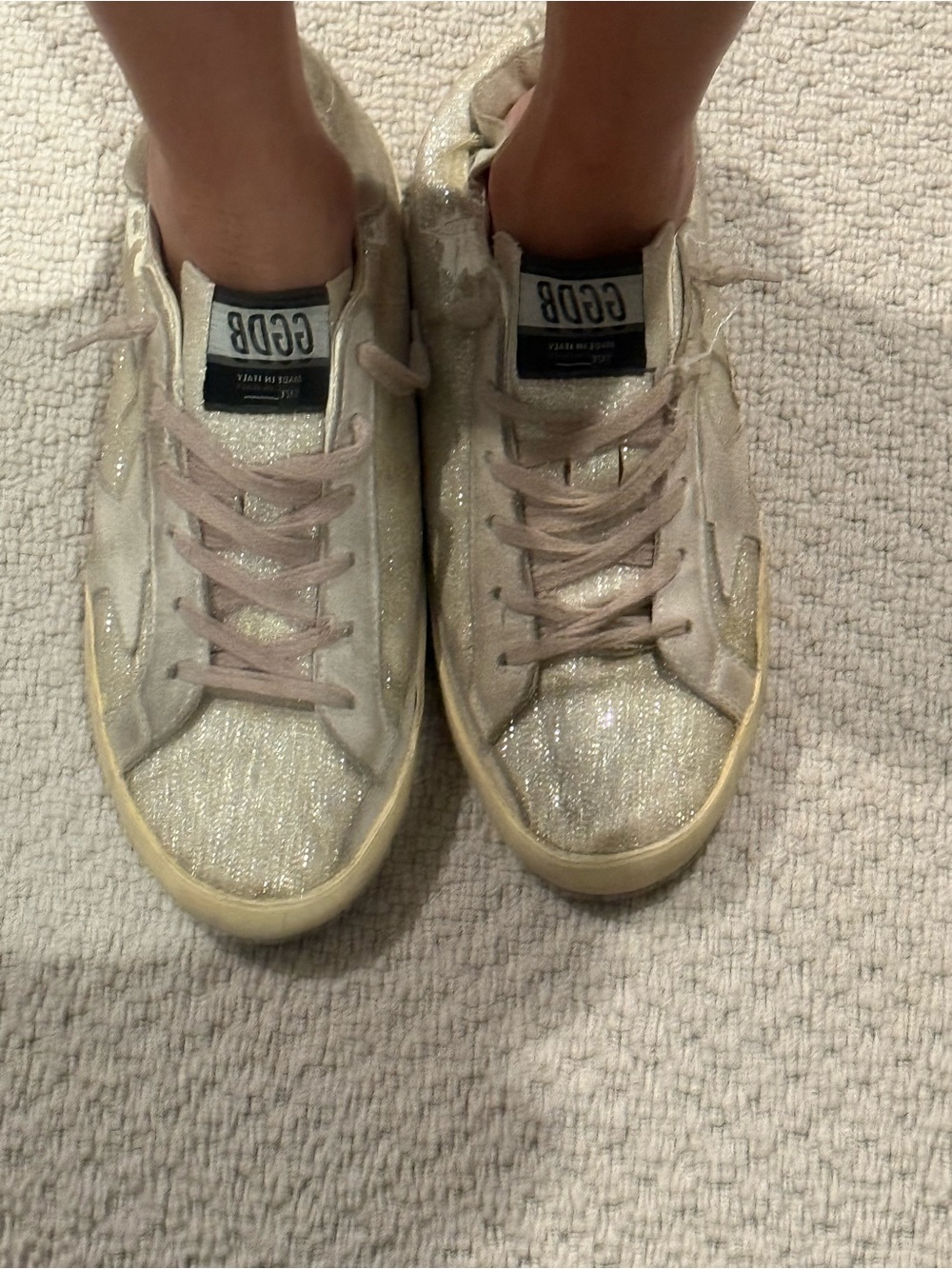 Golden Goose Glitter Low-Top Sneakers in Champagne and Pale Pink